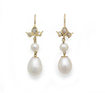 Lot 571 - A Pair of Diamond and Cultured Pearl Drop Earrings, the trios of rose cut diamonds suspend a...