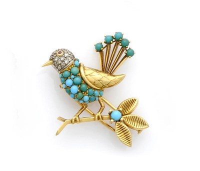 Lot 573 - A Turquoise, Diamond and Ruby Set Bird Brooch, by Boucheron, the bird with a diamond set head,...