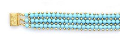 Lot 577 - A Three Row Turquoise Bracelet, spherical turquoise beads threaded with gold beads, with an...