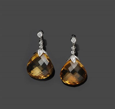 Lot 586 - A Pair of Citrine and Diamond Drop Earrings, en suite to the previous lot, briolette citrines...