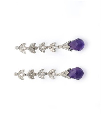 Lot 609 - A Pair of Amethyst and Diamond Drop Earrings, en suite with the previous lot, diamond set leaf...