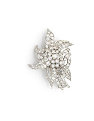 Lot 611 - A Diamond Floral Brooch, round brilliant cut and baguette cut diamonds in white claw and...