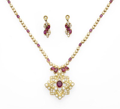 Lot 625 - A Ruby and Diamond Necklace, a series of round brilliant cut diamonds spaced by marquise cut rubies