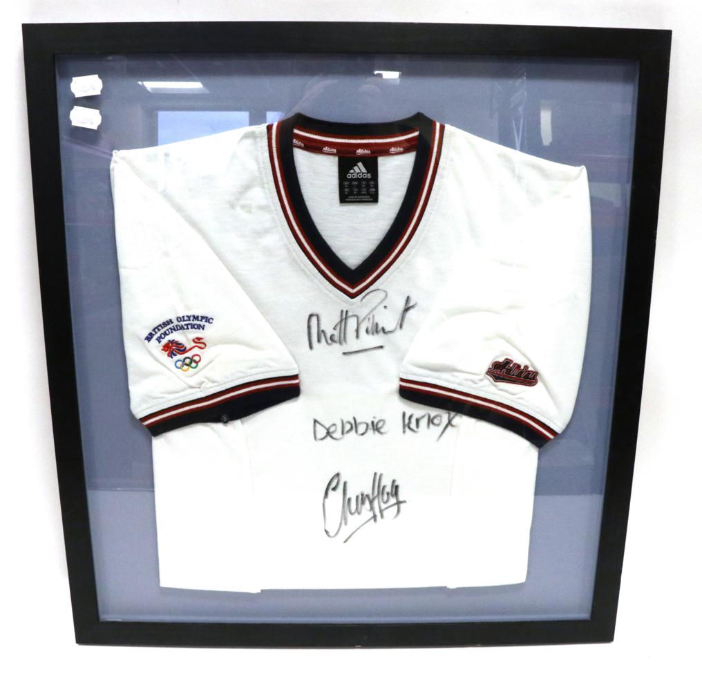 Lot 3001 - British Olympic Foundation Shirt, signed by Debbie Knox, Matthew Pincent, Chris Hoy (framed)