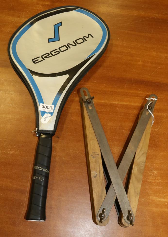 Lot 3003 - Snauwaert Ergonom Tennis Racquet together with a 1930's racquet brace (2)