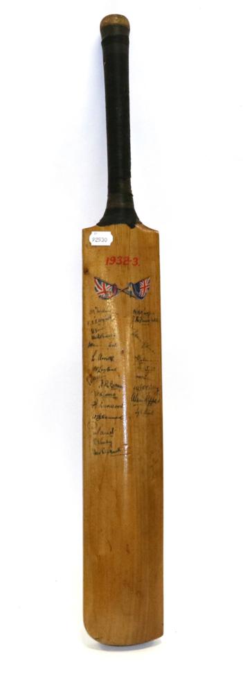 Lot 3007 - Bodyline Series (Ashes) Signed Cricket Bat 1932-33 signed verso by England: Douglas Jardine,...