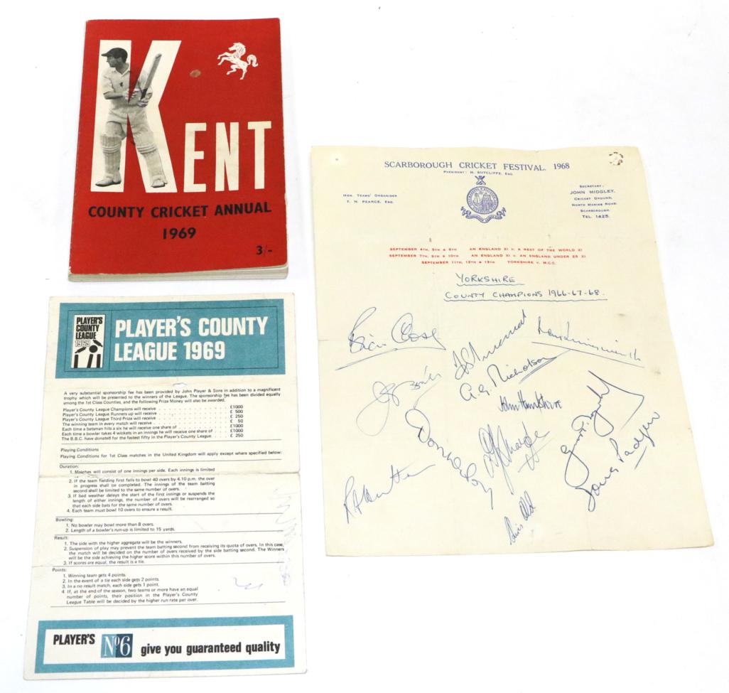 Lot 3009 - Cricket Autographs including Yorkshire County Champions 1966-67-68 on Scarborough Cricket...
