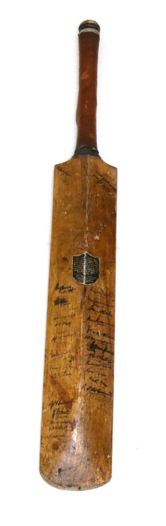 Lot 3010 - England and Australian 1937 Ashes Signed Bert Oldfield Cricket Bat signed by Don Bradman, J B...