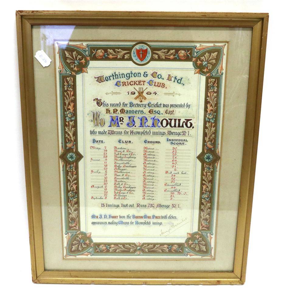 Lot 3013 - Worthington & Co. Ltd. Cricket Club 1904 Framed Citation to Mr J N Hoult who made 730 runs for...