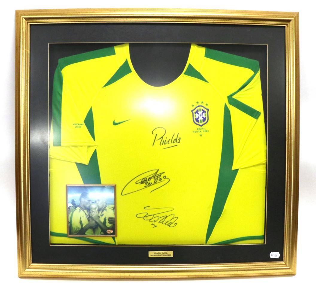 Lot 3020 - Brazil Signed Shirt signed by Ronaldo, Rivaldo and Roberto Carlos (framed, with plaque 'Brazil 2002