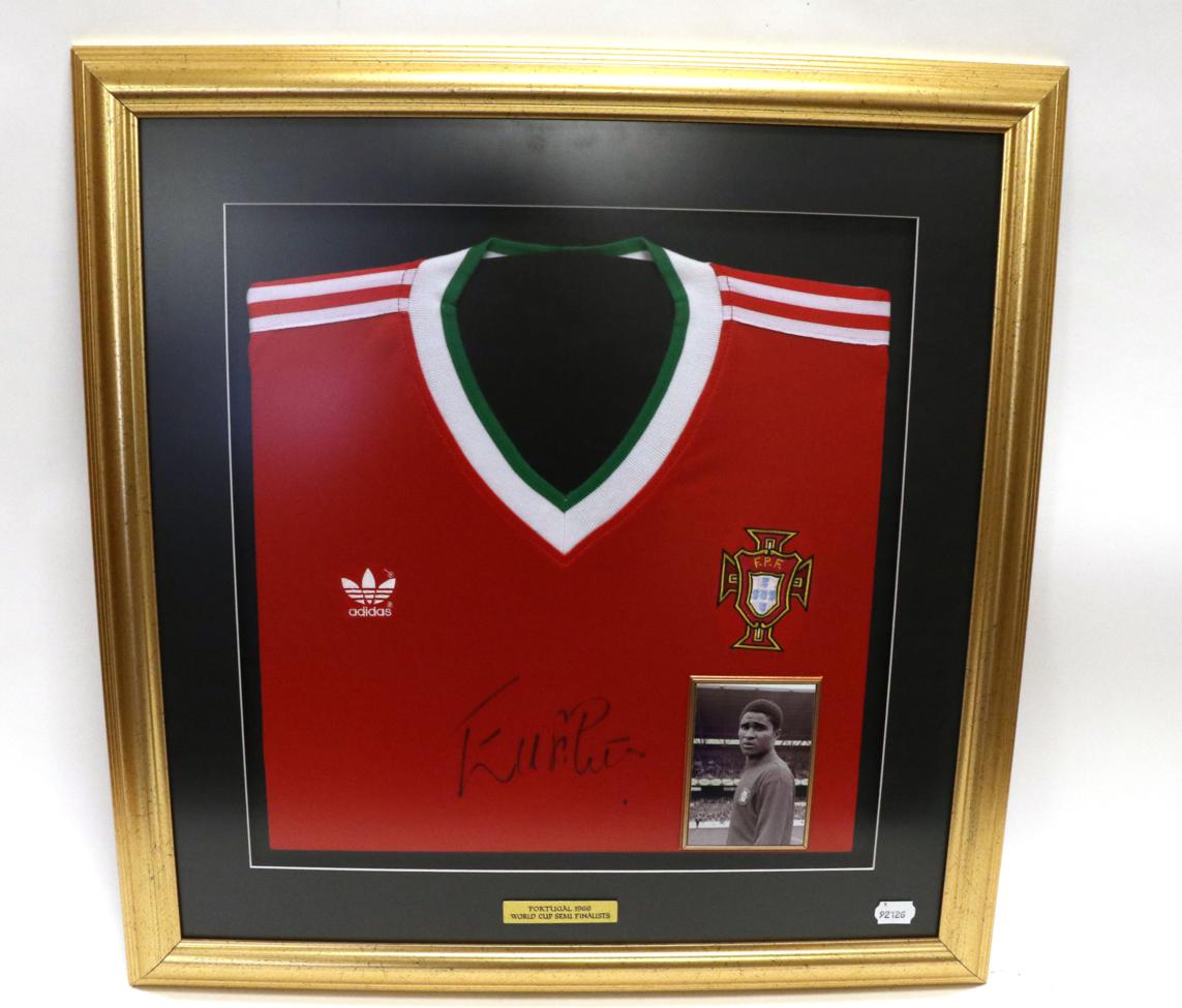 Lot 3024 - Eusebio Signed Portugal Shirt (framed, with plaque 'Portugal 1966 World Cup Semi Finalists)
