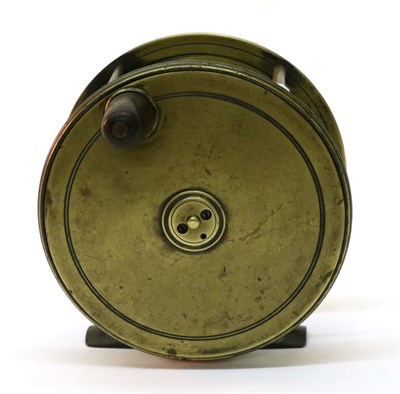 Lot 3056 - A Chas Farlow 4 1/2' Brass Salmon Reel, with fat horn handle, makers name engraved to back