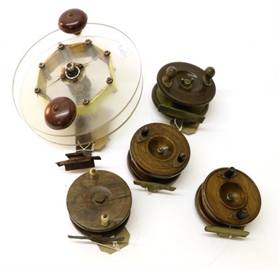 Lot 3102 - Four Wooden Nottingham Reels, including 'Sun' by A.J.Rudd with brass star back, early strap...