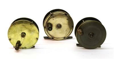 Lot 3120 - Three Large Brass Salmon Reels, no makers names, two platewind, the other crankwind, largest 4 1/2'