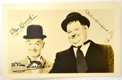 Lot 3154 - Stan Laurel Autograph signed on black and white postcard of Laurel and Hardy bearing facsimile...