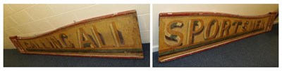 Lot 3163 - Fairground Sign wooden, in two sections 'Calling All' and 'Sportsmen', with raised boarder and...