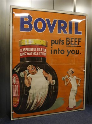 Lot 3182 - Bovril Puts Beef Into You, advertising poster, with blue and black lettering on orange ground...