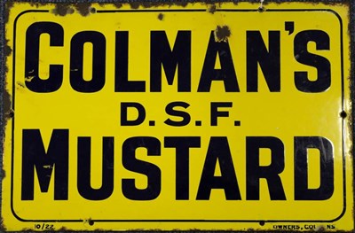 Lot 3184 - Colman's DSF Mustard Enamel Sign black lettering on yellow ground, dated 10/22 and marked...