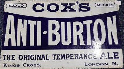 Lot 3185 - Cox's Anti-Burton Enamel Sign blue lettering on white ground and revered in central band 'Gold...