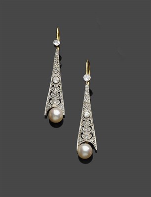 Lot 656 - A Pair of Diamond and Pearl Drop Earrings, round brilliant cut and rose cut diamonds set in pierced