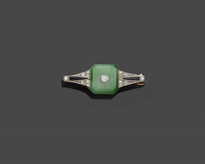 Lot 668 - An Art Deco Diamond, Jade and Onyx Brooch, the octagonal central jade with a brilliant cut...