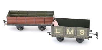 Lot 3396 - Marklin Gauge 1 Wagons two Bogie Open, five plank open and LMS open with Gamages stamp to base (all