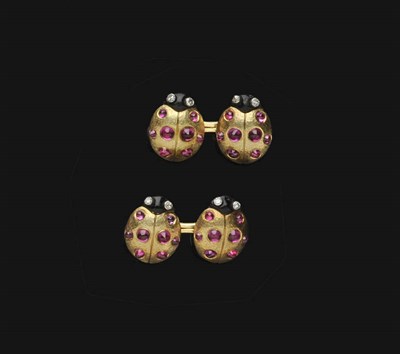 Lot 676 - A Pair of Ladybird Motif Cufflinks, by Boucheron, the textured gold bodies set with cabochon...