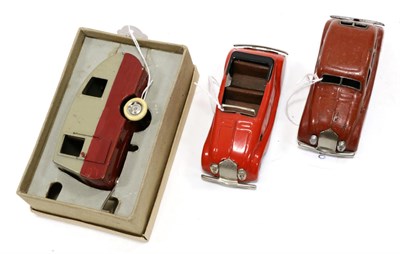 Lot 3424 - Triang Minic Airflow Open Tourer red (G, baseplate repainted) pre-war Airflow Saloon, red (F-G,...