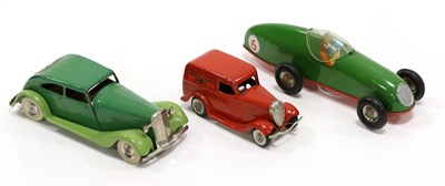 Lot 3435 - Triang Minic Royal Mail Van GR (G-E) Racing car, green (E-G) and Saloon, green (G, running...