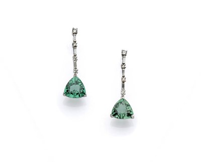 Lot 679 - A Pair of 18 Carat White Gold Green Tourmaline and Diamond Drop Earrings, a strand of...