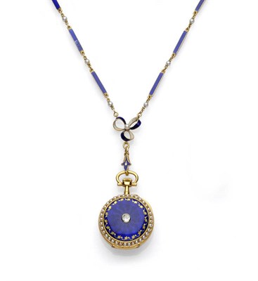 Lot 680 - A Diamond Set Enamelled Pendant Watch on Matching Chain, frosted gilt finished movement with...