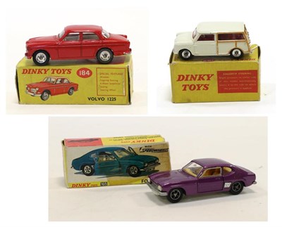 Lot 3479 - Dinky 197 Morris Mini Traveller cream (E box G-F) 184 Volvo 122S (E-G box G) and 165 Ford Capri...