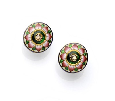 Lot 686 - A Pair of Diamond Set Enamelled Earrings, rose cut diamonds within a disk of pink, white and...