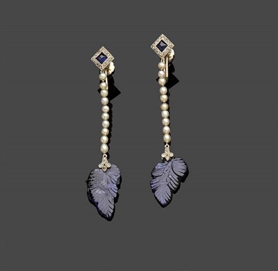 Lot 687 - A Pair of Sapphire, Diamond and Pearl Drop Earrings, a domed square cabochon sapphire within a...