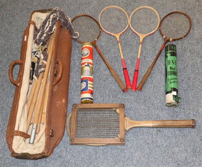 Lot 3002 - Badminton Items including two Kay rackets, two Club rackets, shuttlecocks, a net and a few...