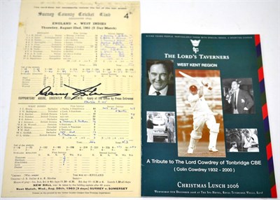Lot 3011 - Cricket Score Card England v West Indies 22nd August 1963 second innings filled in by hand in biro