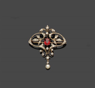 Lot 693 - An Edwardian Red Spinel, Diamond and Pearl Brooch, the oval cut red spinel within an openwork...