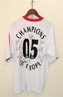 Lot 3031 - Liverpool 'Champions Of Europe 05' Signed White Shirt with eleven signatures