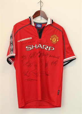 Lot 3038 - Manchester United Signed Treble Shirt White signed by Dennis Law, George Best, Stam, Giggs, Curtis