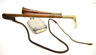 Lot 3048 - Hunting Related Swaine & Adeney copper Hunting Horn, Whip with antler handle and a Hip Flask...