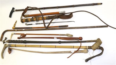 Lot 3049 - Various Crops And Whips including crop with brass fox head handle, whip with measuring stick...