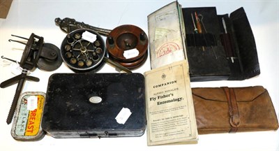 Lot 3058 - Mixed Fishing Tackle, including a Hardy japanned tackle box with spinners, two fly wallets,...