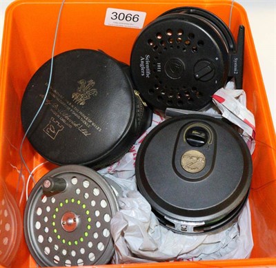 Lot 3066 - Four Fly Fishing Reels, comprising Hardy 'Marquis #7' in zip case, Hardy 'JLH Ultralite...