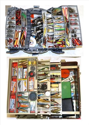 Lot 3069 - Two Plastic Tackle Boxes of Salmon Fishing Equipment, including a quantity of lures, two...
