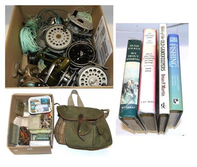 Lot 3080 - Mixed Fishing Tackle, including fly tins and flies, two boxes of lures, wicker creel, fishing books