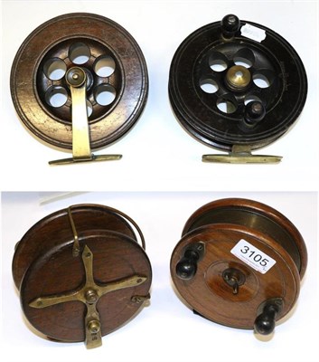 Lot 3105 - Two Saltscar Wooden Sea Fishing Reels, with brass feet together with one Eton Sun Wooden Sea...