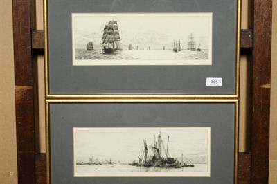 Lot 705 - William Lionel Wyllie R.A., R.B.A., R.I., R.E. (1851-1931) "Timber Ships in the Thames";...