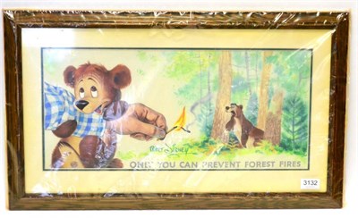 Lot 3132 - Disney Original Artwork For A Fire Prevention Poster depicting  a bear cub holding the wrist of...