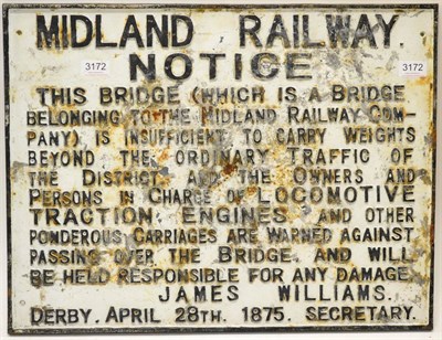 Lot 3172 - Midland Railway Cast Iron Bridge Notice James Williams Derby April 28th 1875, Secretary...