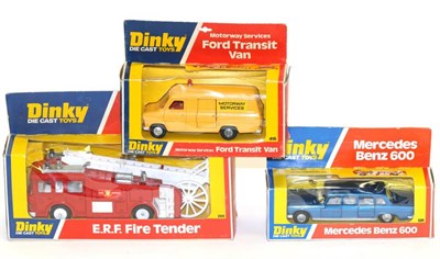 Lot 3357 - Dinky 266 ERF Fire Tender 416 Ford Transit van and 128 Mercedes Benz 600 (all E boxes G-E) (3)